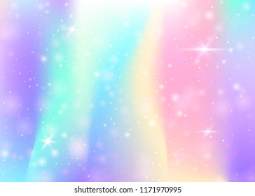 Holographic background with rainbow mesh. Multicolor universe banner in princess colors. Fantasy gradient backdrop with hologram. Holographic unicorn background with fairy sparkles, stars and blurs.