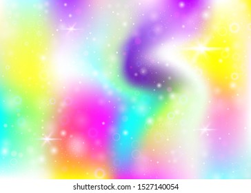 Holographic background with rainbow mesh. Multicolor universe banner in princess colors. Fantasy gradient backdrop with hologram. Holographic magic background with fairy sparkles, stars and blurs.