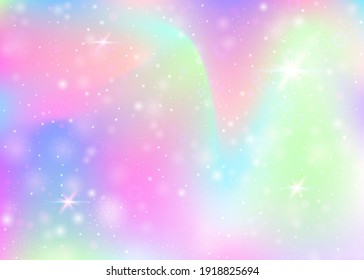 Holographic background with rainbow mesh. Multicolor universe banner in princess colors. Fantasy gradient backdrop with hologram. Holographic magic background with fairy sparkles, stars and blurs.