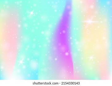 Holographic background with rainbow mesh. Multicolor universe banner in princess colors. Fantasy gradient backdrop with hologram. Holographic unicorn background with fairy sparkles, stars and blurs.
