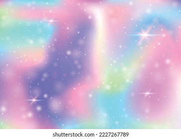 Holografischer Hintergrund mit Regenbogenmaschen. Mehrfarbiges Universum-Banner in Prinzessfarben. Fantasy-Farbverlauf-Hintergrund mit Hologramm. Holografischer, einfarbiger Hintergrund mit Feenfunkeln, Sternen und Bluren.