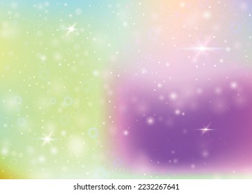 Holographic background with rainbow mesh. Multicolor universe banner in princess colors. Fantasy gradient backdrop with hologram. Holographic unicorn background with fairy sparkles, stars and blurs.