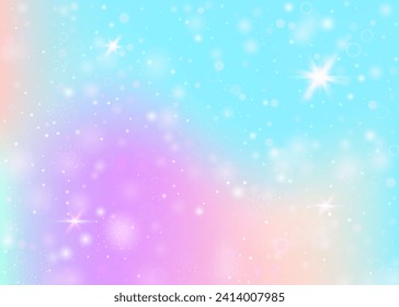 Holographic background with rainbow mesh. Multicolor universe banner in princess colors. Fantasy gradient backdrop with hologram. Holographic unicorn background with fairy sparkles, stars and blurs.