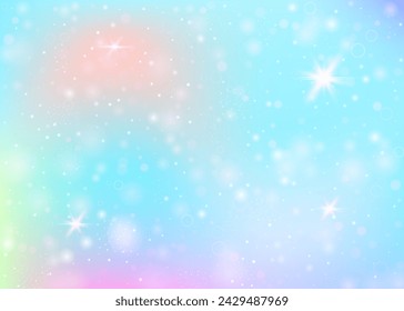 Holografischer Hintergrund mit Regenbogennetz. Multicolor Universum Banner in Prinzessin Farben. Fantasy-Gradienten-Kulisse mit Hologramm. Holografischer Einhornhintergrund mit Feenfunkeln, Sternen und Unschärfen.