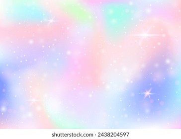 Fondo holográfico con malla de arco iris. Banner de universo multicolor en colores princesa. Fondo de gradiente de fantasía con holograma. Fondo mágico holográfico con destellos de hadas, estrellas y desenfoques.