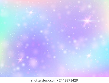 Holographic background with rainbow mesh. Multicolor universe banner in princess colors. Fantasy gradient backdrop with hologram. Holographic unicorn background with fairy sparkles, stars and blurs.
