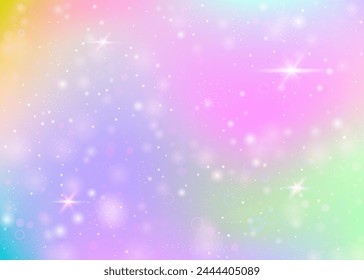 Holographic background with rainbow mesh. Multicolor universe banner in princess colors. Fantasy gradient backdrop with hologram. Holographic unicorn background with fairy sparkles, stars and blurs.