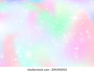 Holographic background with rainbow mesh. Mystical universe banner in princess colors. Fantasy gradient backdrop with hologram. Holographic magic background with fairy sparkles, stars and blurs.