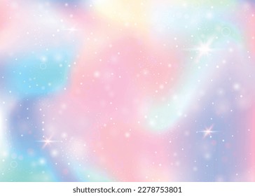 Holographic background with rainbow mesh. Mystical universe banner in princess colors. Fantasy gradient backdrop with hologram. Holographic unicorn background with fairy sparkles, stars and blurs.