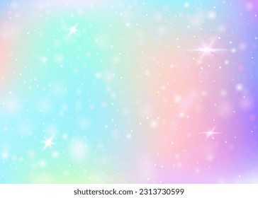 Holographic background with rainbow mesh. Mystical universe banner in princess colors. Fantasy gradient backdrop with hologram. Holographic magic background with fairy sparkles, stars and blurs.