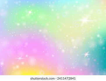 Holographic background with rainbow mesh. Mystical universe banner in princess colors. Fantasy gradient backdrop with hologram. Holographic unicorn background with fairy sparkles, stars and blurs.