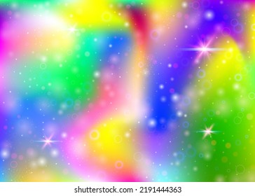 Holographic background with rainbow mesh. Trendy universe banner in princess colors. Fantasy gradient backdrop with hologram. Holographic magic background with fairy sparkles, stars and blurs.