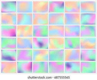 Holographic background. Smooth multicolor textures. Hologram backdrops. Pastel trendy blurs. Modern vector illustrations for web design, fashion or printed products.