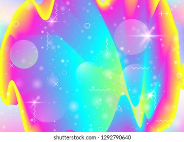 Holographic background with vibrant rainbow gradients. Dynamic fluid. Cosmos hologram. Graphic template for flyer, cover and placard. Mystical holographic background.