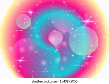 Holographic background with vibrant rainbow gradients. Dynamic fluid. Cosmos hologram. Graphic layout for placard, mobile interface and banner. Girlie holographic background.
