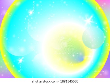 Holographic background with vibrant rainbow gradients. Dynamic fluid. Cosmos hologram. Graphic layout for mobile interface, web app and brochure. Fluorescent holographic background.