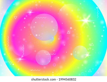 Holographic background with vibrant rainbow gradients. Dynamic fluid. Cosmos hologram. Graphic layout for brochure, wallpaper and cover. Iridescent holographic background.