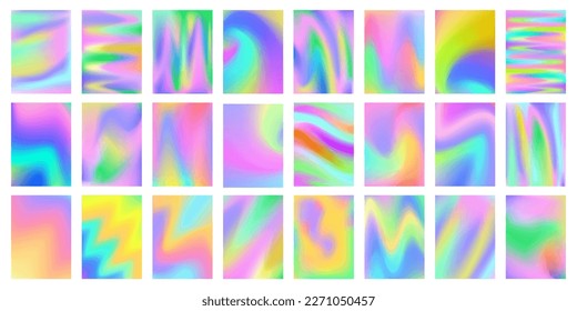 Holographic backgrounds. Holo gradient mesh, iridescent pearl colors and smooth surreal backdrops vector set. Pastel and neon color design abstract collection, colorful texture illustration