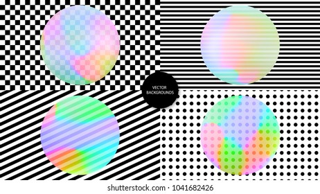 Holographic backgrounds. Pop art. Holography textures set. 80th or 90th art. Trendy wallpapers. Fashion backdrop. Chameleon colors. Textures for business printed products.