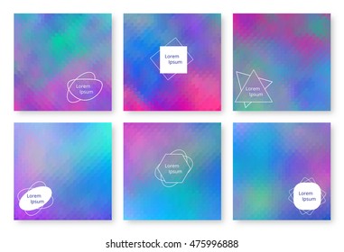 Holographic backgrounds set. Bright backdrop for banners, brochures, flyers, postcards, invitations, booklets. Multicolor template. Colorful wallpaper with gradient. Vector illustration.
