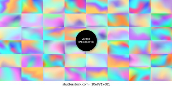 Holographic backgrounds set. Smooth multicolor textures. Hologram backdrops. Trendy blurs. Holographic backdrops. 80s. 90s. Fluorescent. Cover or banner design. Poster design. Logo or text backdrop.