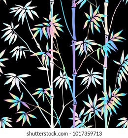 Holographic bamboo seamless pattern on black background. Tropical neon wallpaper, nature futuristic textile print.