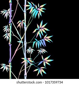 Holographic bamboo seamless pattern on black background. Tropical neon wallpaper, nature futuristic textile print, template with text place.