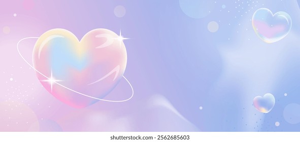 Holographic banner with glowing rainbow soap ballon bubbles hearts, orbit accents, and dreamy gradients for romantic Valentines Day celebrations and event designs