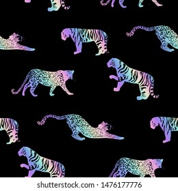 Holographic beasts. Silhouettes of tiger and leopard. Hologram for printing on fabric
