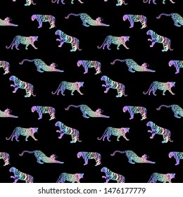 Holographic beasts. Silhouettes of tiger and leopard. Hologram for printing on fabric
