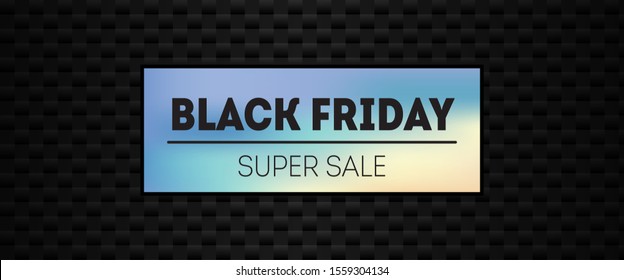 Holographic black friday sale banner. Promotional marketing event design template. Discount poster