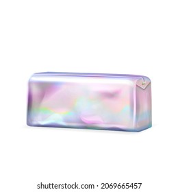 Holographic Blank Pencil Or Cosmetic Case Vector. Bright Holographic Multicolor Bag For Storaging And Carrying Cosmetology Or Stationery School Accessory. Template Realistic 3d Illustration