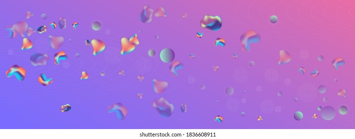 Holographic Blob Art Vector Panoramic Blue Background. Cosmic Liquid Pattern. Neon Organic Elements Illustration. Iridescent Fashion Design.