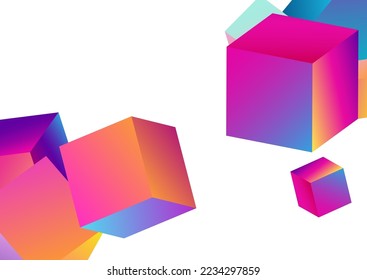 Holographic Block Vector White Background. Multicolored Abstract Element Brochure. 3d Cube Wallpaper. Bright Polygon Geometric Image.