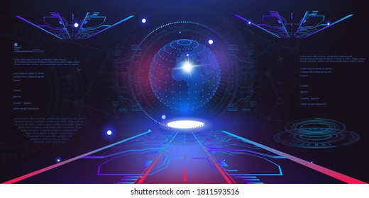 Holographic blue glowing 3D ball or earth energy shield in futuristic space of user HUD interface. Glowing volumetric 3D ball with dots or segments. Abstract background. Video game interface