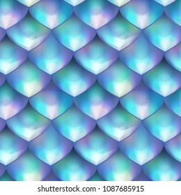 Holographic blue mermaid tail card or background. Mesh Gradient mermaid card for party. Vector scales decor element. Fish skin magic background. 