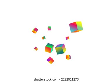 Holographic Box Vector White Background. Gradient Graphic Block Template. Perspective Cube Wallpaper. Bright Polygon Structure Pattern.