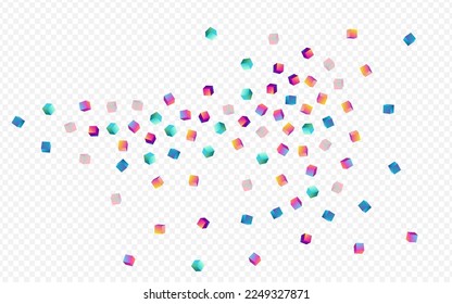 Holographic Brick Vector Transparent Background. Bright Shiny Confetti Template. Geometric Box Brochure. Rainbow Cube Structure Image.