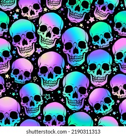 Holographic bright skulls on a black background. Seamless pattern