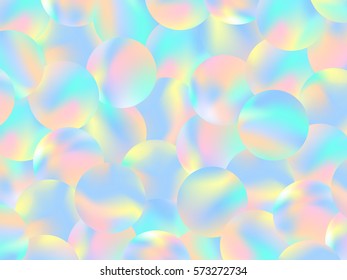 Holographic bubbles background. Trendy fashion wallpaper. Pastel smooth texture. Holography circles backdrop. Modern vector illustration for web design or printed products.