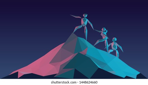 Holographic Business People Climb to the Top of the Mountain. Business Concept of Leadership and Teamwork. Leader Helps the Team to Climb the Cliff and Reach the Goal. Low Poly Vector 3D Rendering