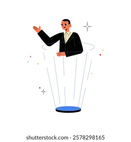 Holographic Business Speaker In Flat Vector Illustration Symbolizing Virtual Presentations, Digital Communication, And AI-Driven Technology, Isolated On White Background