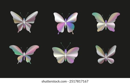 Holographic butterflies collected in a collection on an isolated background. Butterfly wings shimmer with all the colors of the rainbow, creating a futuristic and unearthly look