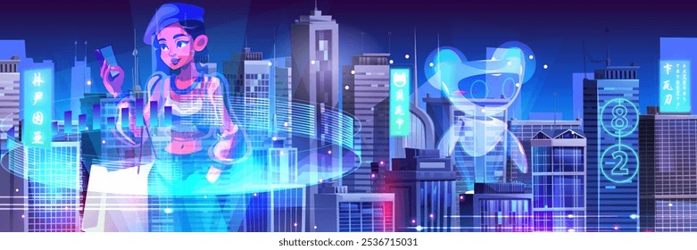 Holographic character of woman with phone and cute robot float above neon glowing metaverse city. Tech urban landscape with illuminated sign on futuristic buildings. Virtual reality gaming interfaces.