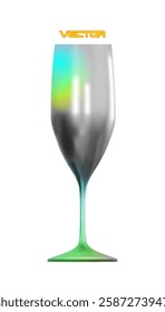 Holographic chrome champagne glass in metallic shades with realistic 3D design. Vector illustration