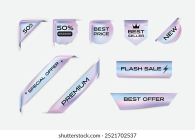 Holographic chrome gradient for sale ribbon banner, shinny tag, glossy label. Promotion sale decoration smooth metal surface. illustration vector premium.