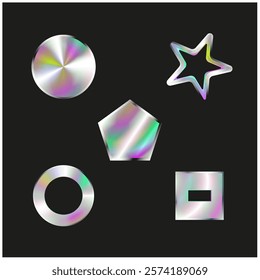 Holographic circle with metallic glitter, emblem, button, Vector isolated graphic on black background
