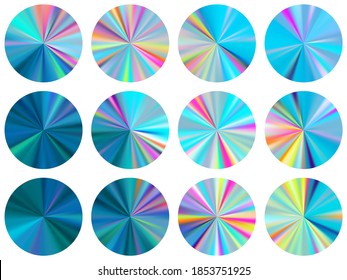 Holographic circle metallic gradient ui button elements vector collection. Isolated cool swatches. Button metal gradient texture backgrounds. Label backgrounds graphic design.