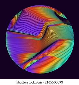 Holographic circle with pattern of glitched and distorted lines. Trendy logotype template.