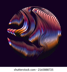Círculo holográfico con patrón de líneas rayadas y distorsionadas. Plantilla de logotipo de moda.